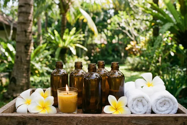 Aromatherapy massage oils with frangipani flowers in Bali