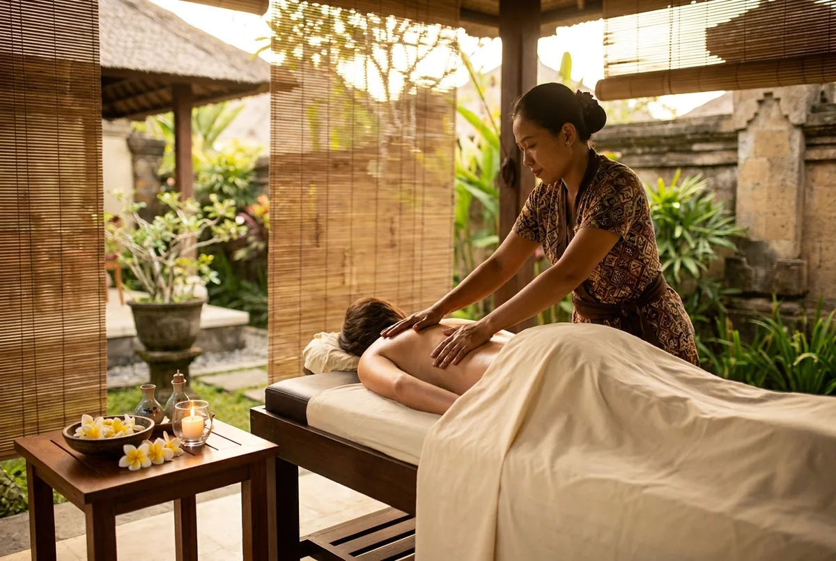 Traditional Balinese recovery massage with flowing strokes and frangipani oil on a rest day at a Bali villa