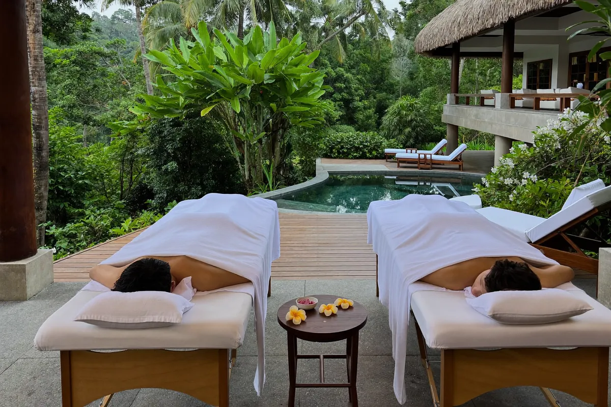Couples massage on two tables side by side at a Bali villa