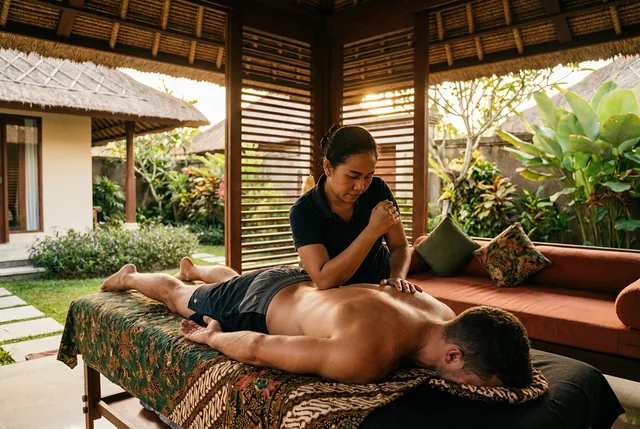 Deep tissue massage on a surfer's tight shoulders at a Bali villa