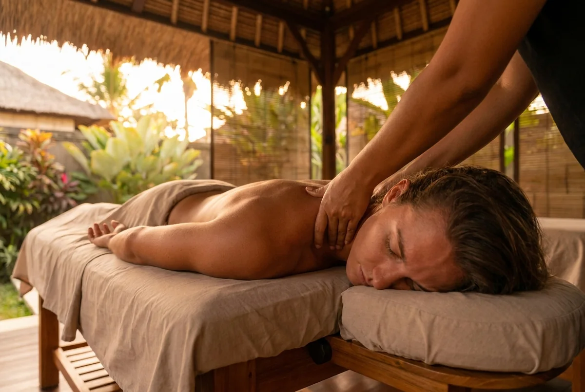 Neck and trapezius massage releasing a surfer's stiff neck after head-up paddling at a Bali villa