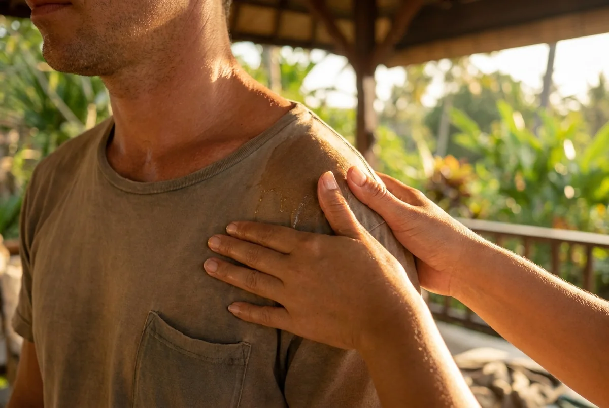 Therapist releasing a surfer's rotator cuff and shoulder muscles at a Bali villa