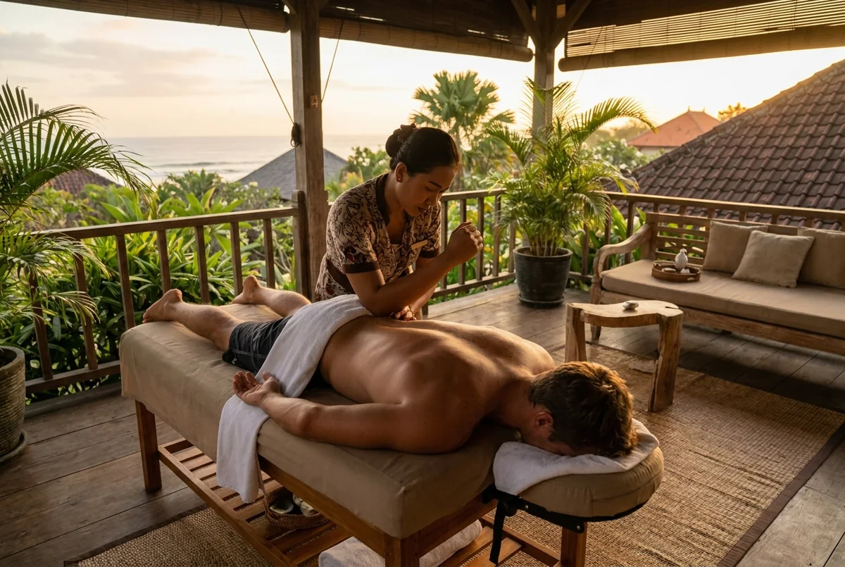 Therapist working deep into a surfer's back and shoulders on a villa massage table in Bali
