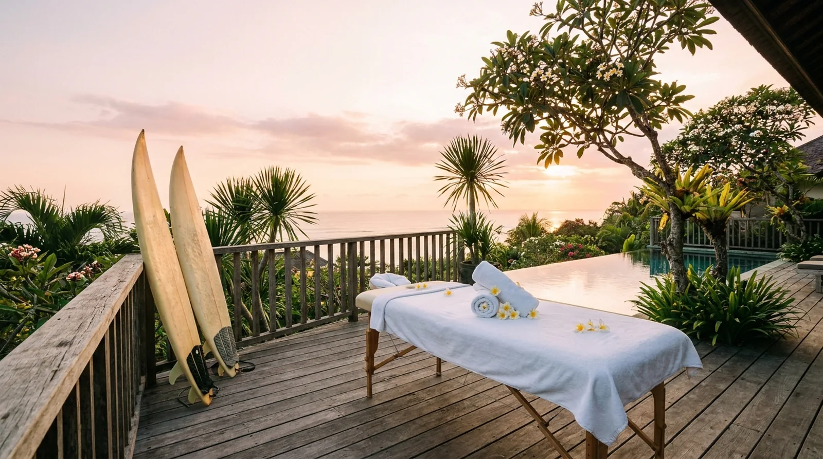 Surfer relaxing at a Bali villa at sunset after a recovery massage during a surf trip